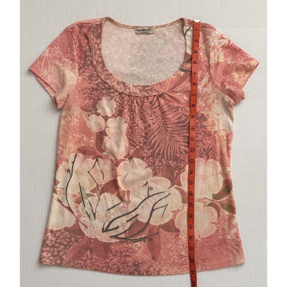 Vintage Y2K Oneworld Peach Coral Floral Rhinestone Scoop Neck Top Women's Small - Picture 6 of 7